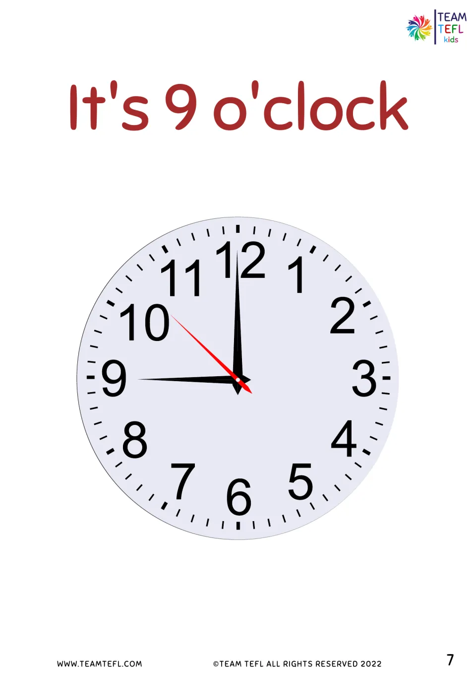 It's 9 o'clock flashcard: clock face with the long hand on 12 and the short hand on 9, plus a red second hand
