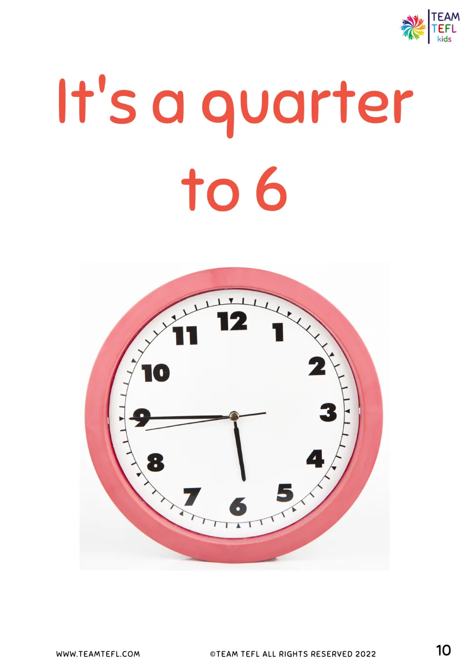 It's a quarter to 6 flashcard: red wall clock with the minute hand on 9 and the hour hand just before 6