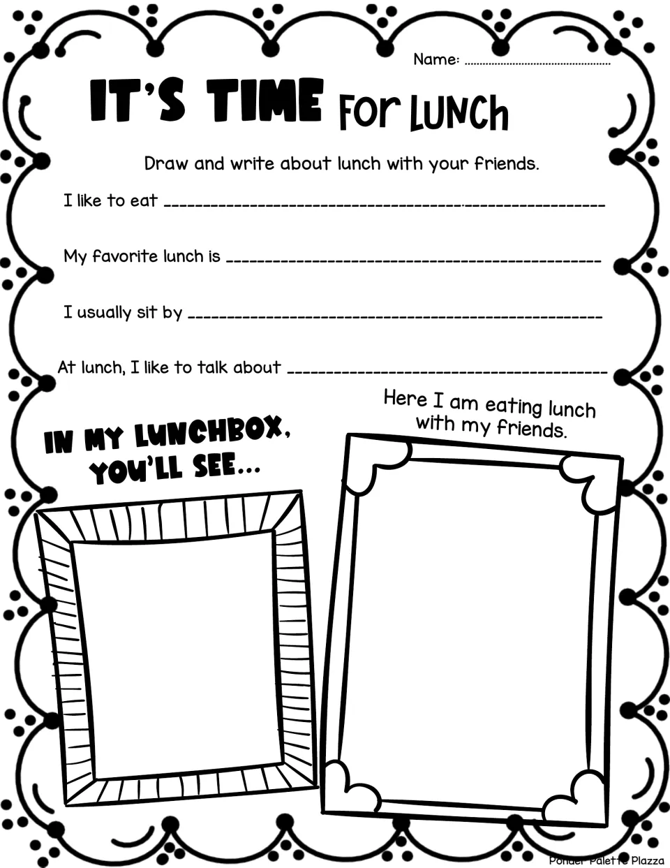 Lunch reflection activity: food and friendship prompts, plus drawings of lunchbox contents and lunch with friends