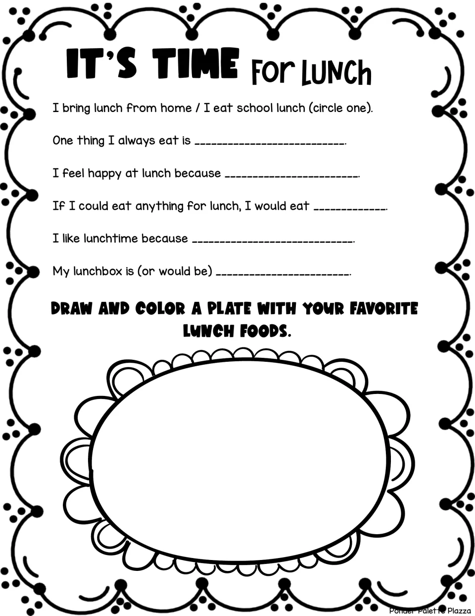 Lunch reflection activity: lunch routines and feelings, plus a plate to draw and color with favorite foods