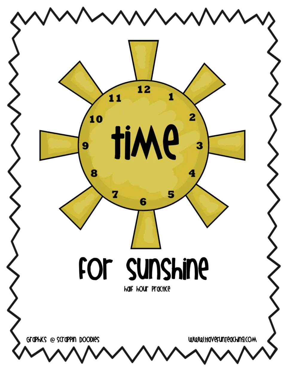 Time for Sunshine half hour practice cover: a sun drawn as a clock face numbered 1 to 12 with the word time in its center