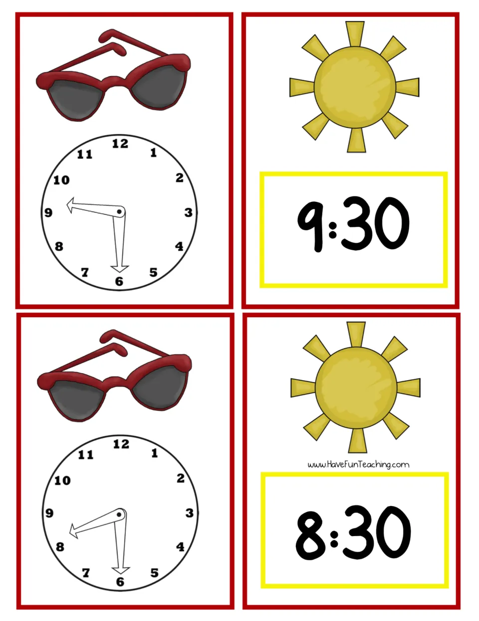 Half-hour matching cards: sunglasses cards show analog clocks for 9:30 and 8:30 to pair with digital-time sun cards