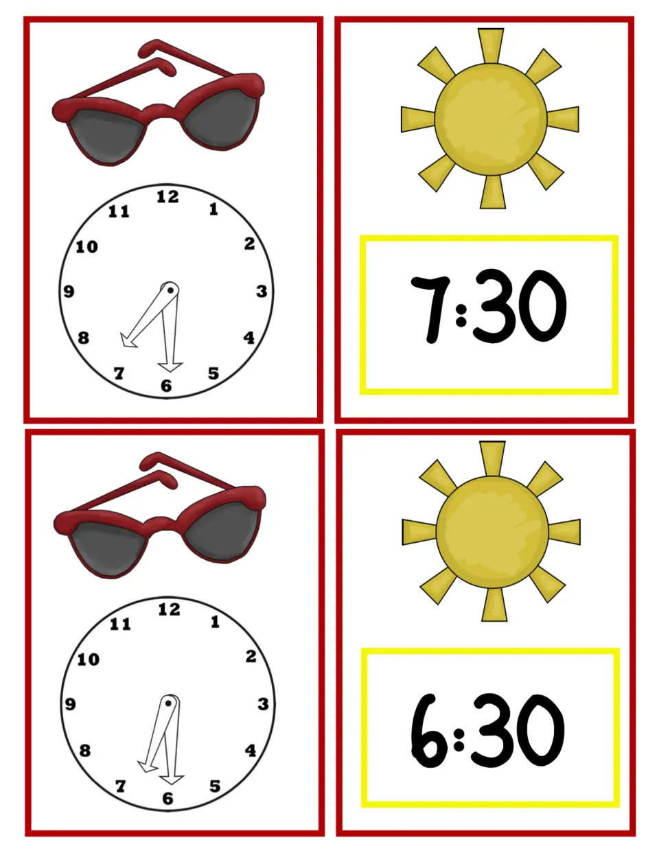 Matching cards for 7:30 and 6:30: analog clock faces on sunglasses cards pair with sun cards showing each digital time