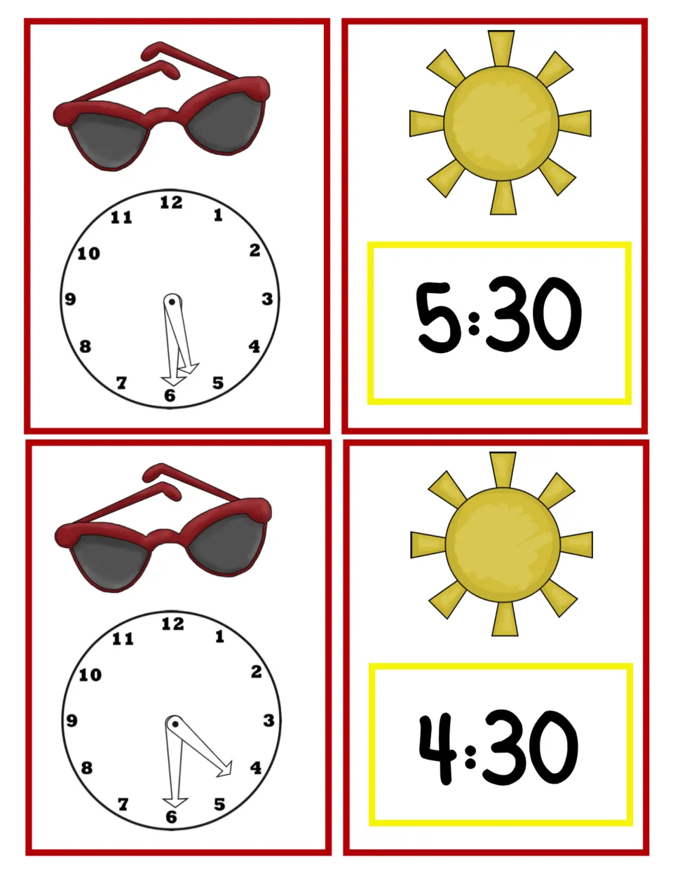 Matching cards for 5:30 and 4:30: students match each sunglasses analog clock to the sun card with the same digital time