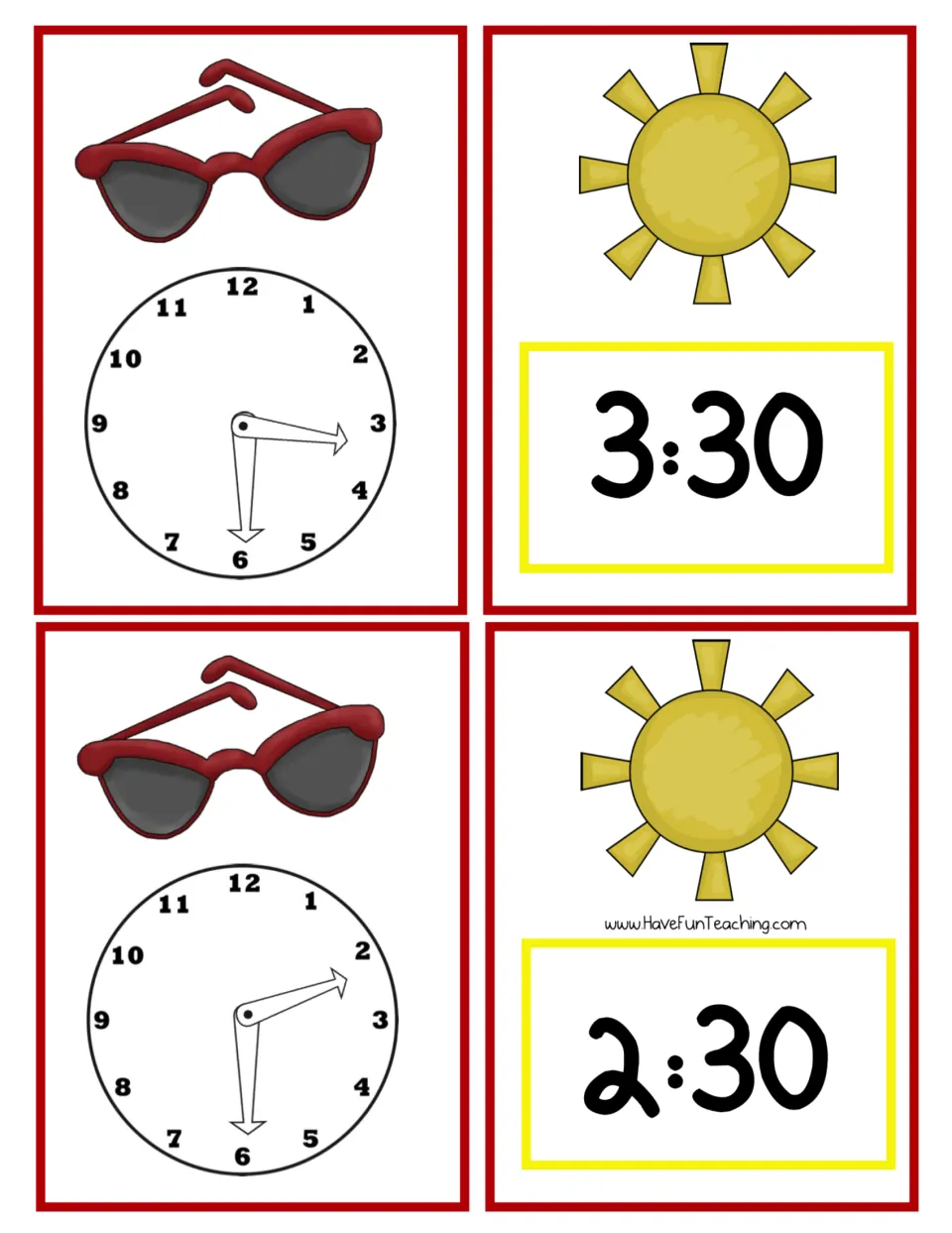 Matching cards for 3:30 and 2:30: students read the hour hand between numbers to find each clock's digital sun card