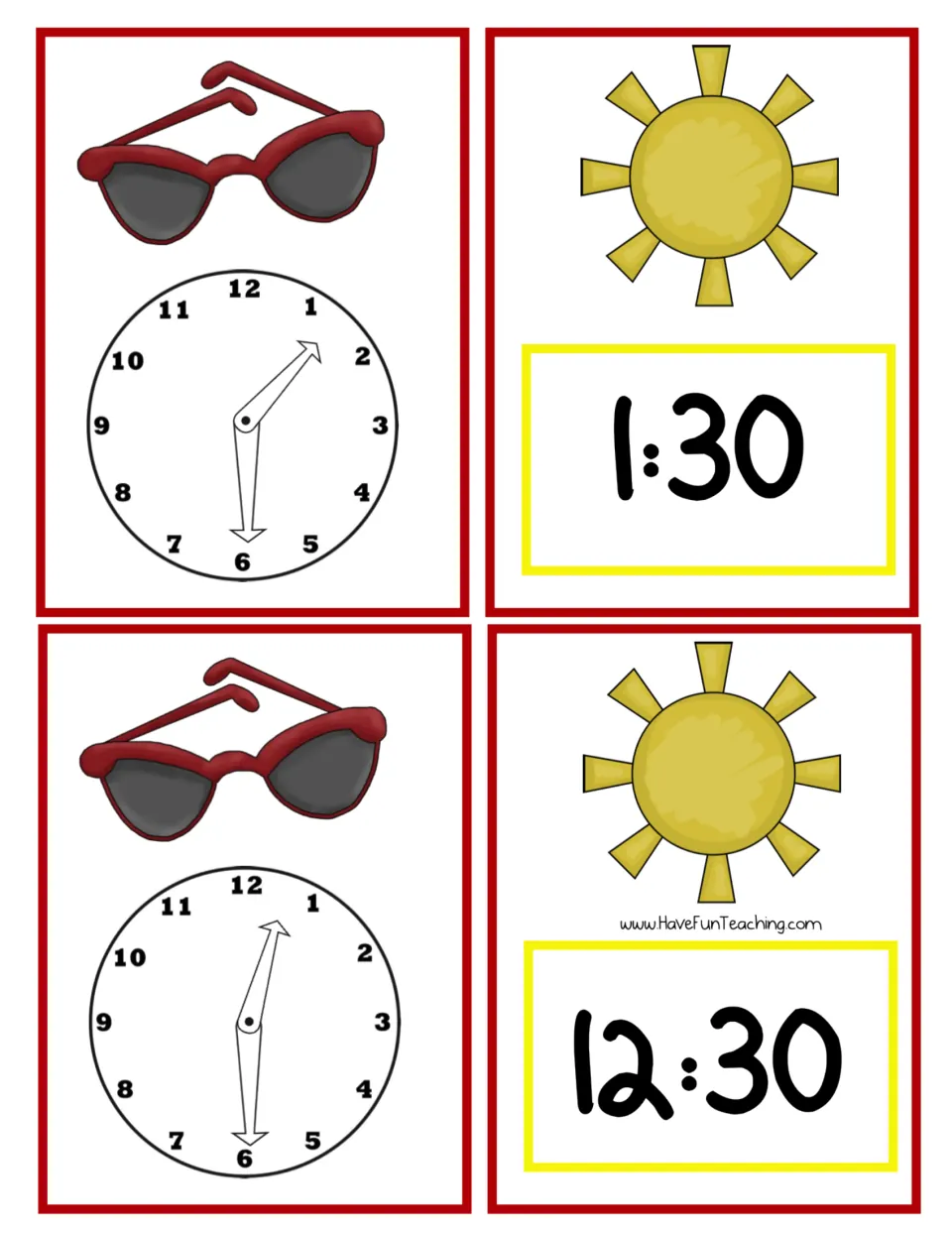 Matching cards for 1:30 and 12:30: sunglasses cards with analog clocks pair with sun cards showing matching digital times