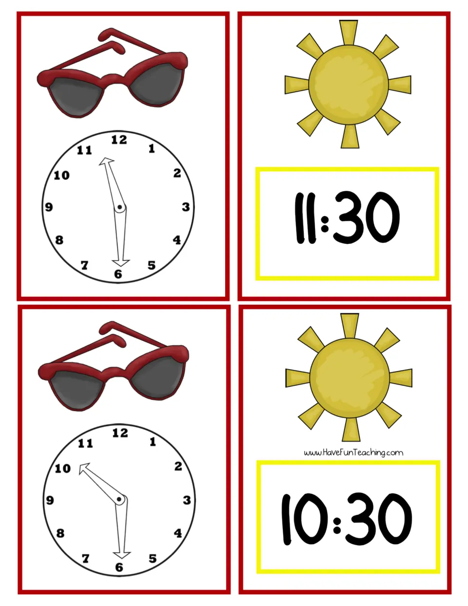 Matching cards for 11:30 and 10:30: analog half-hour clocks on sunglasses cards to match with digital times on sun cards