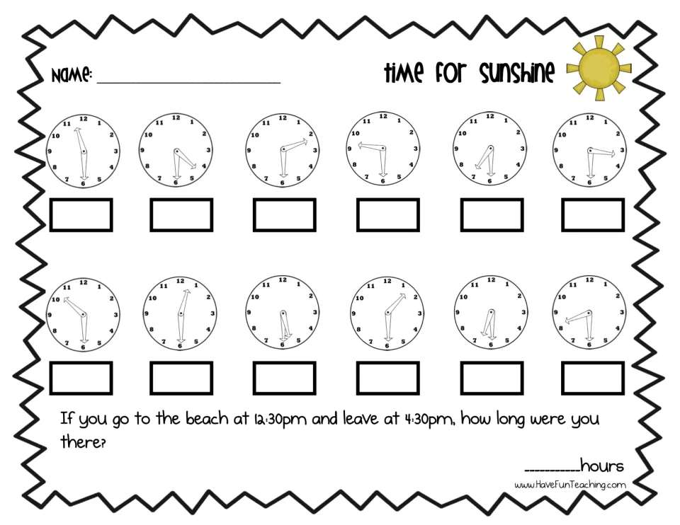 Reading clocks to the half hour: students write the time for 12 analog clocks, then solve a beach elapsed-time question
