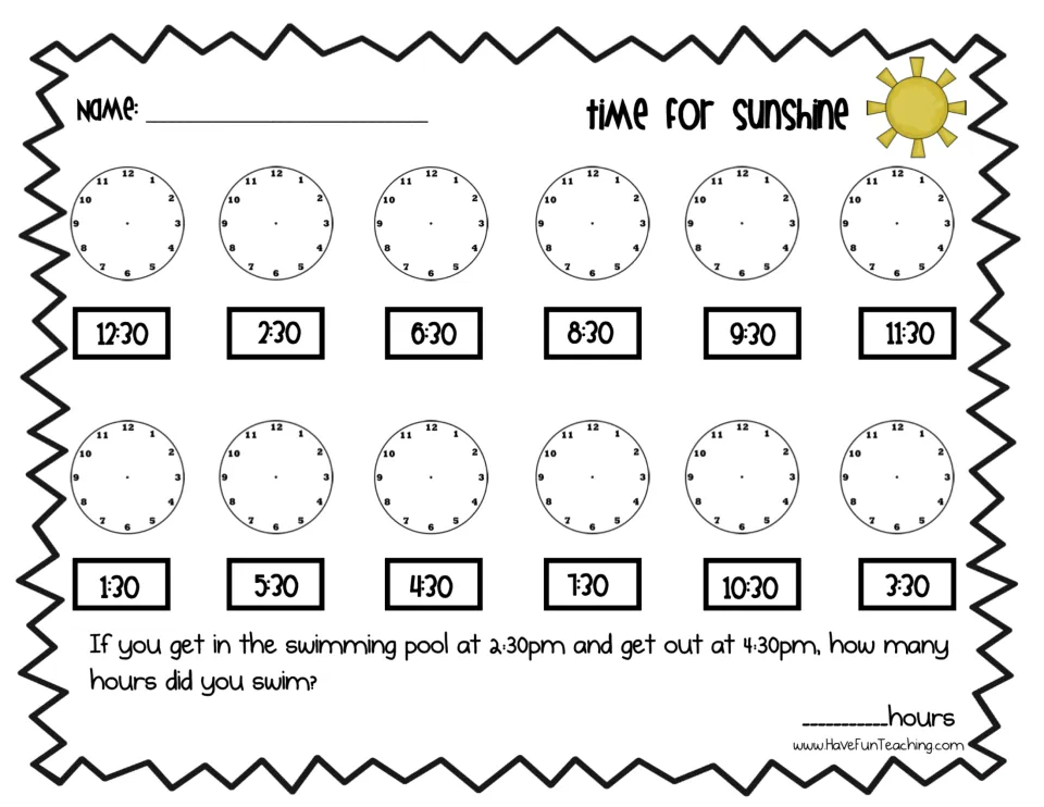 Drawing clock hands: students show 12 half-hour times like 12:30 on blank clocks, then solve a swimming pool time problem