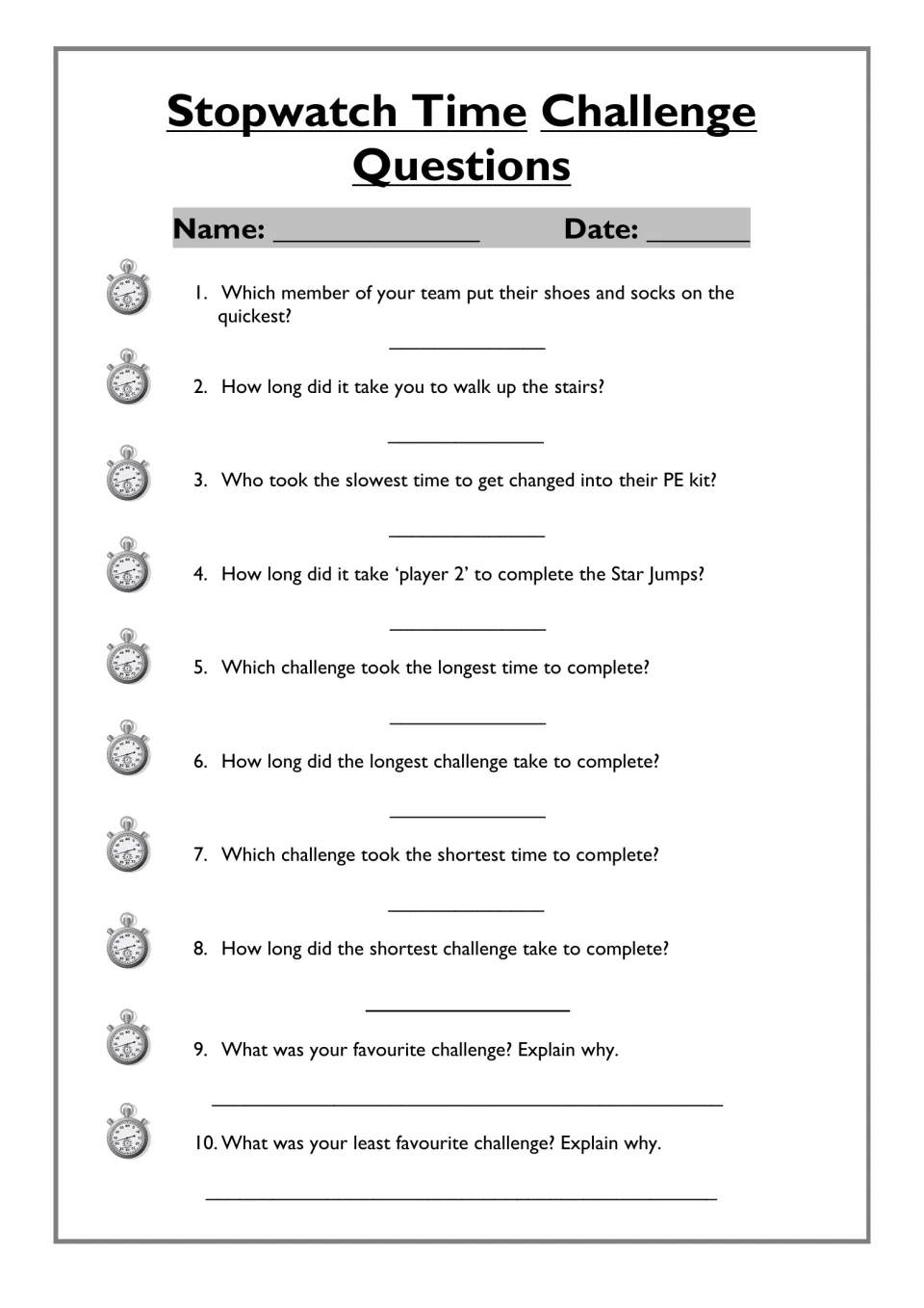 Stopwatch Time Challenge Questions: students record team times and compare the quickest, slowest, longest and shortest