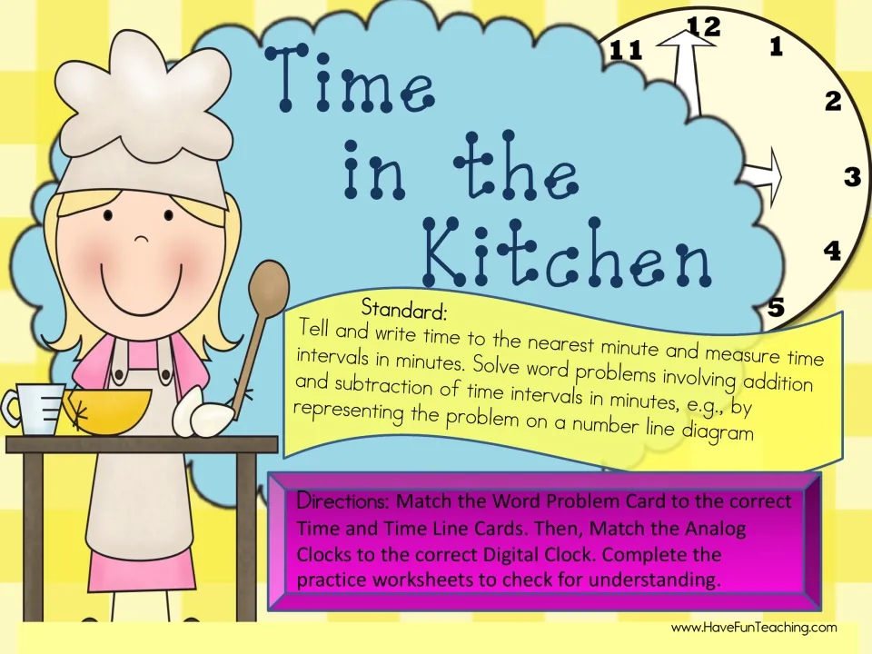 Time in the Kitchen cover: chef girl beside a clock, a time-interval standard and directions to match cards and clocks