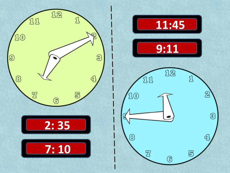 Telling time match: two analog clocks to pair with digital time cards 11:45, 9:11, 2:35 and 7:10