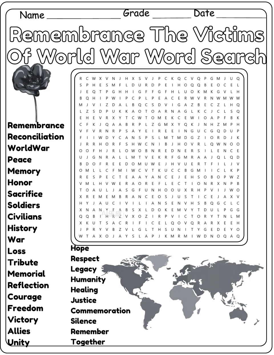 Black-and-white World War remembrance word search: students hunt for Honor, Civilians, Reconciliation and 27 more words
