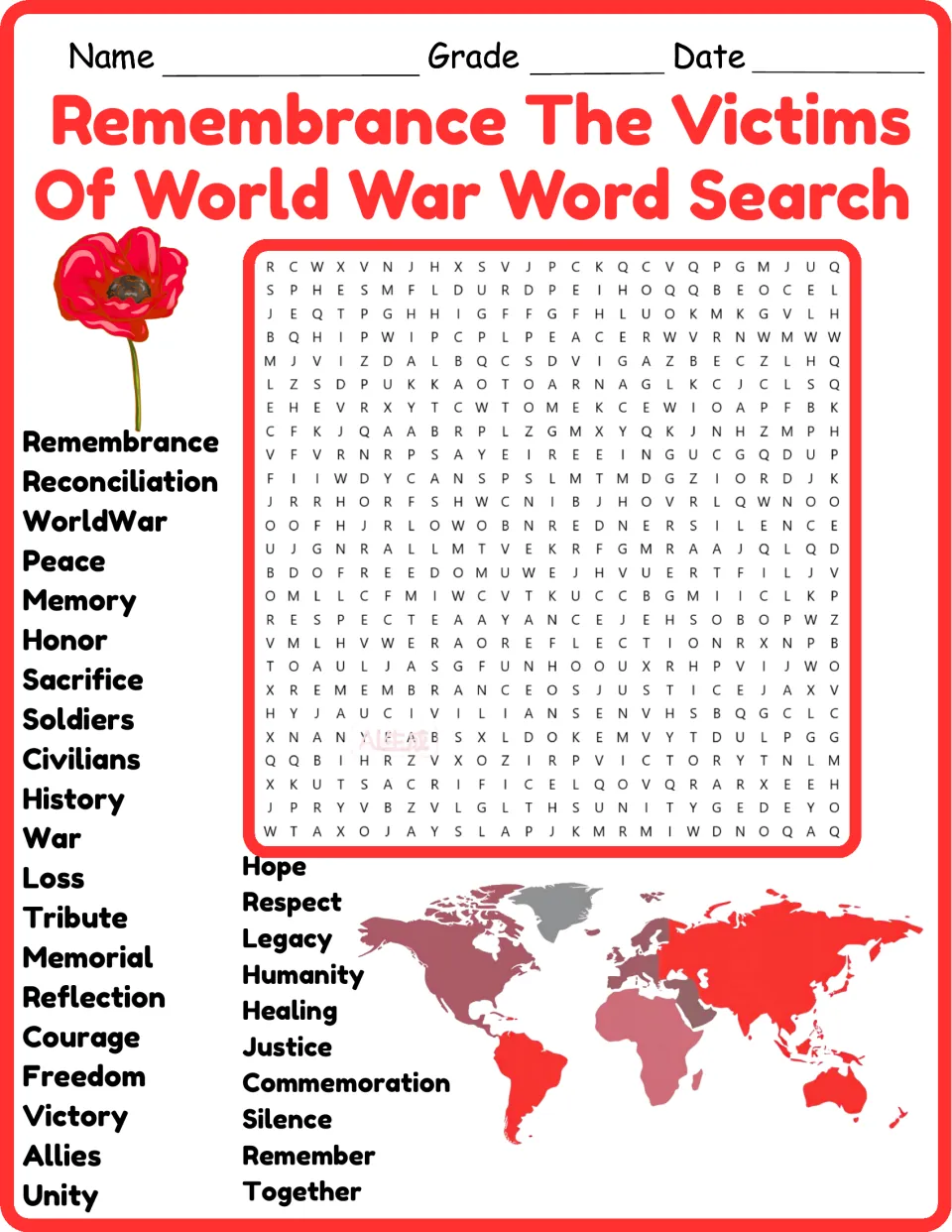 Color remembrance word search featuring peace, memory, honor, sacrifice, soldiers, civilians, and 24 more words