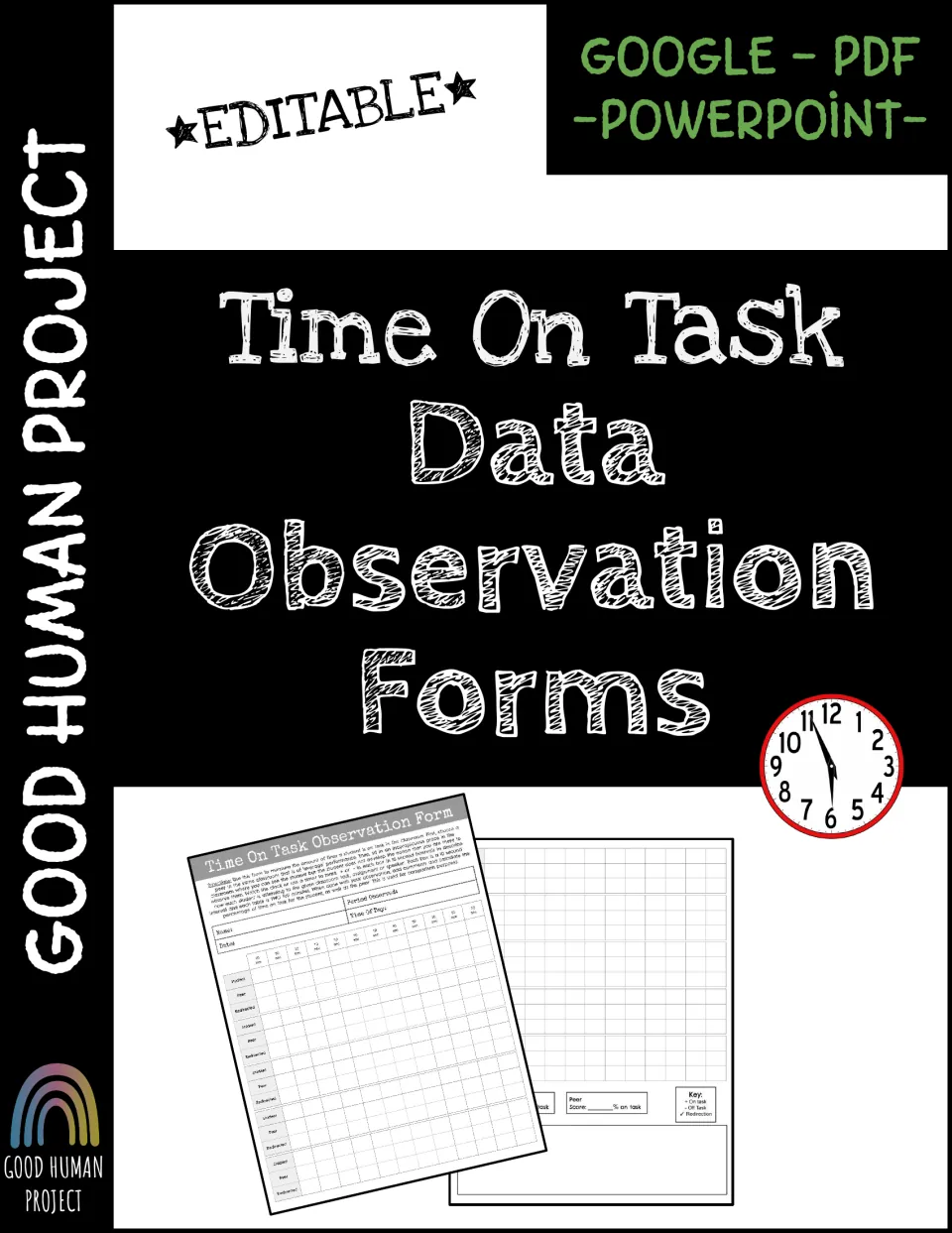 Cover: Time On Task Data Observation Forms, editable for Google, PDF and PowerPoint, with sample form previews and a clock