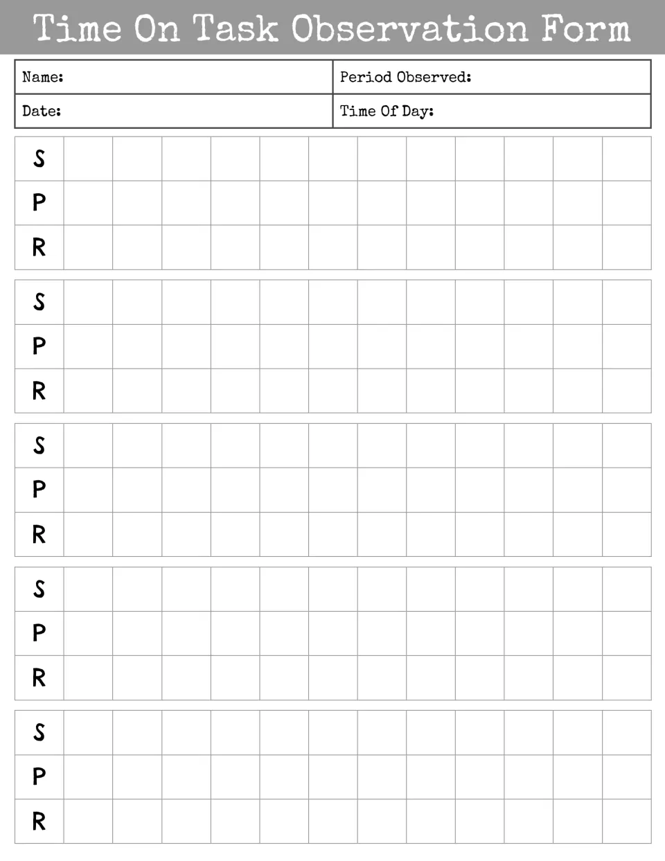 Compact S/P/R observation form: name, date, period and time-of-day fields with student, peer and redirection tracking sets