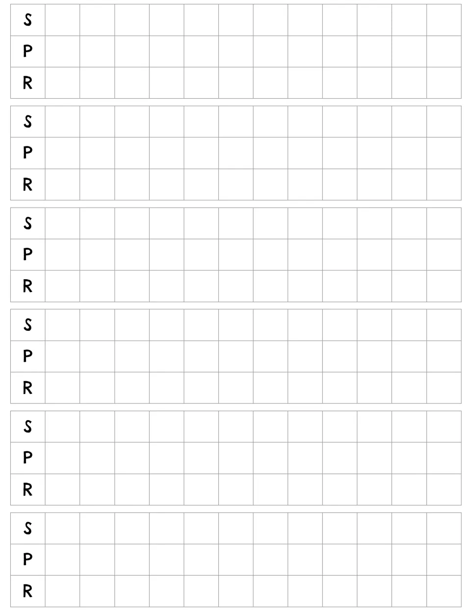 Extra S/P/R tracking page: six more student, peer and redirection sets for continuing a longer observation session