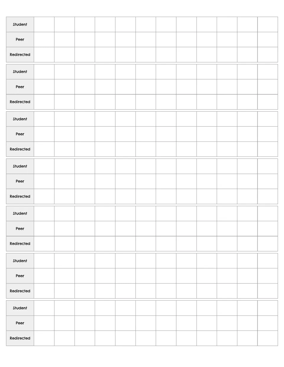 Extra labelled-row tracking page: seven more Student, Peer and Redirected sets for extending an observation session