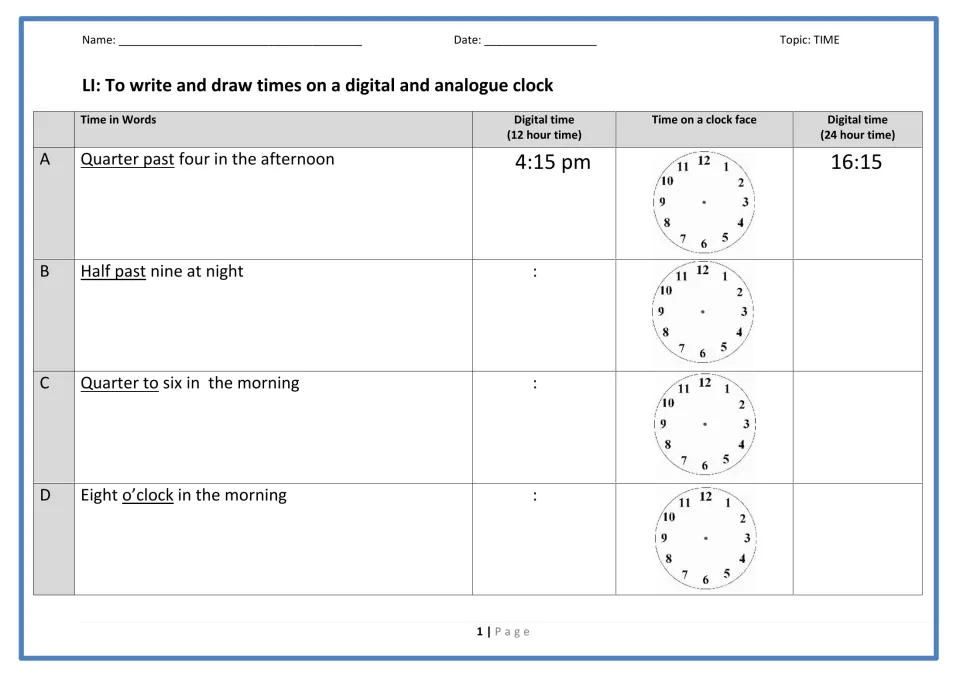 Time practice items A–D: quarter past four, half past nine, quarter to six, and eight o'clock, with clocks