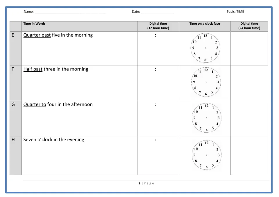 Time practice items E–H: quarter past five, half past three, quarter to four, and seven o'clock, with clocks