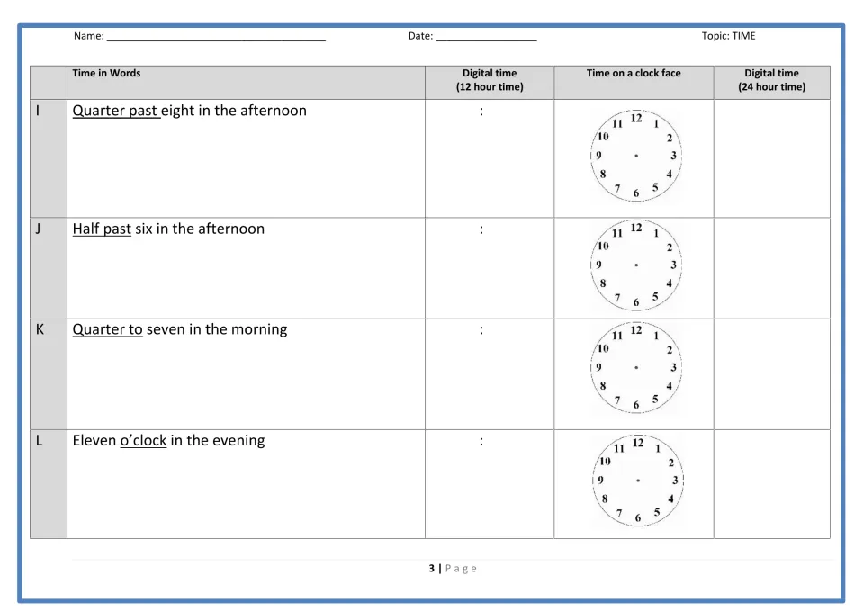 Time practice items I–L: quarter past eight, half past six, quarter to seven, and eleven o'clock