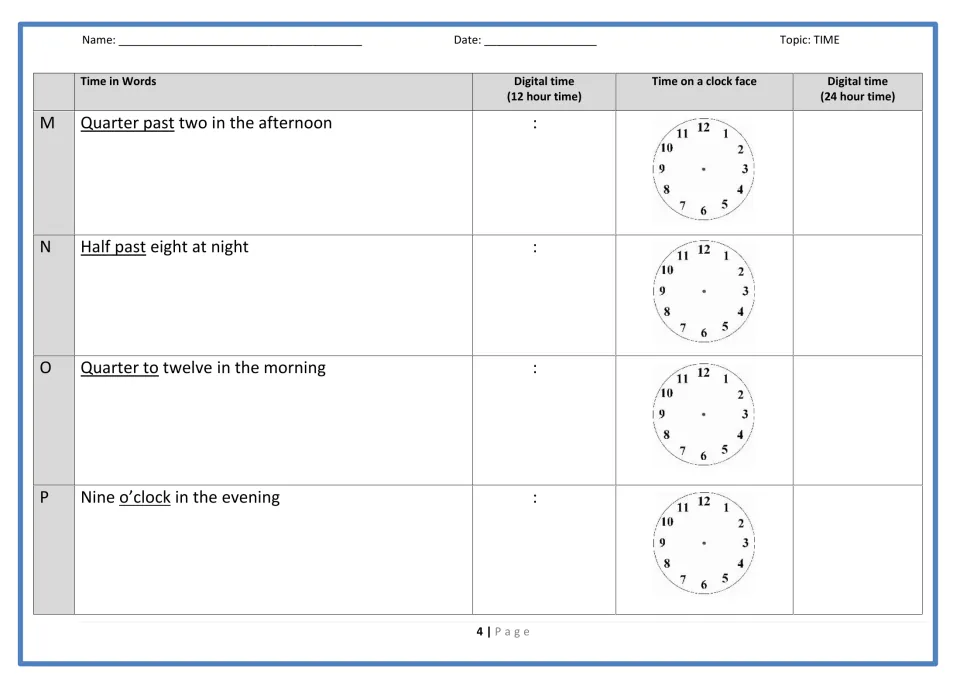 Time practice items M–P: quarter past two, half past eight, quarter to twelve, and nine o'clock, with clocks