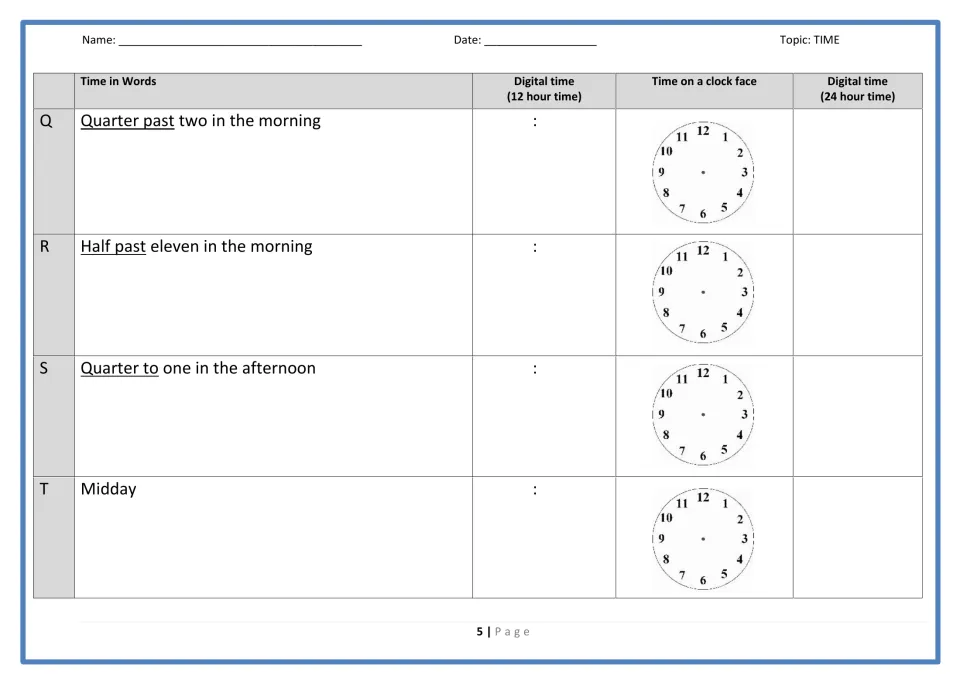 Time practice items Q–T: quarter past two, half past eleven, quarter to one, and midday, with clocks