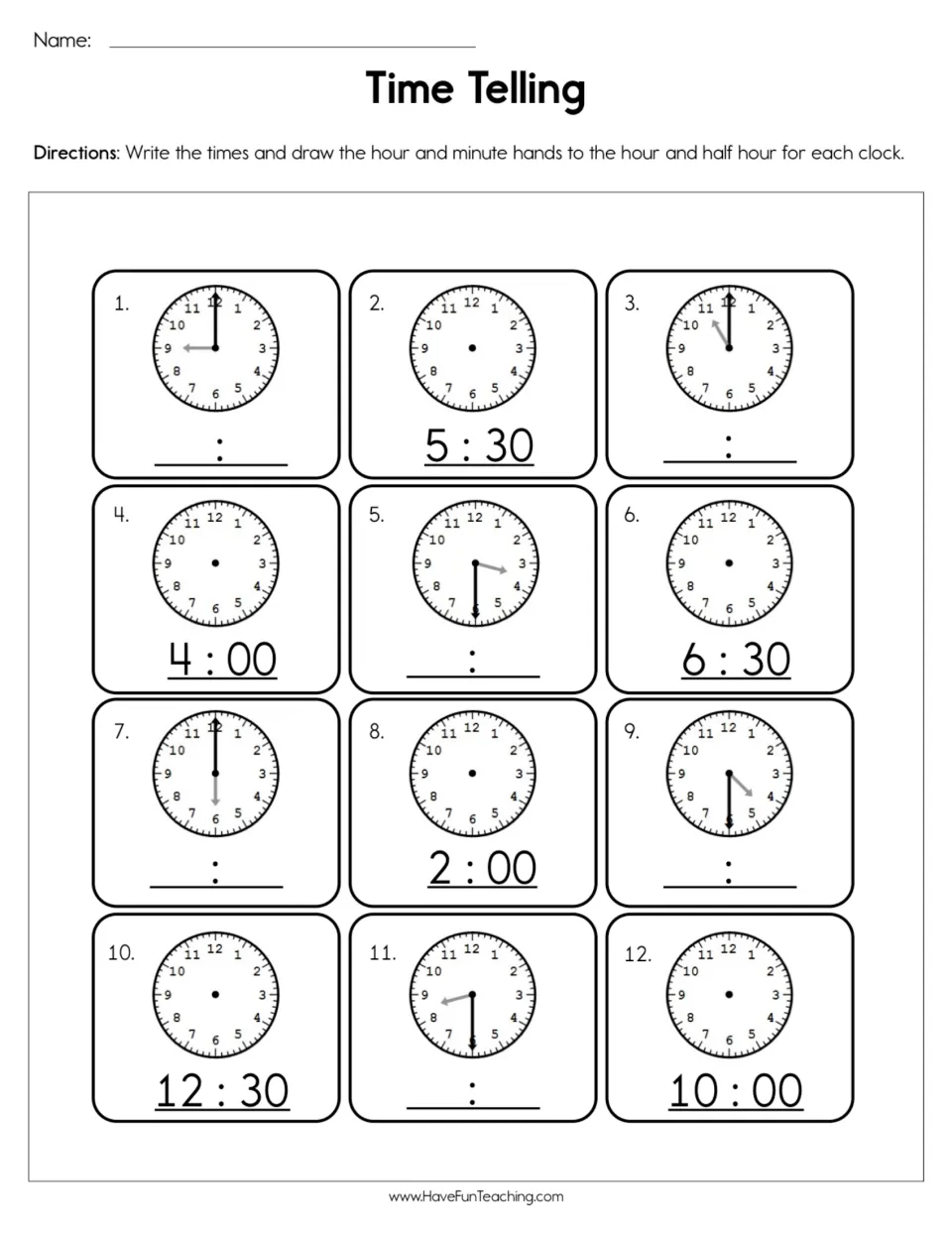 Telling time to the hour and half hour: students write the time on 6 clocks and draw hands on 6 clocks, such as 5:30
