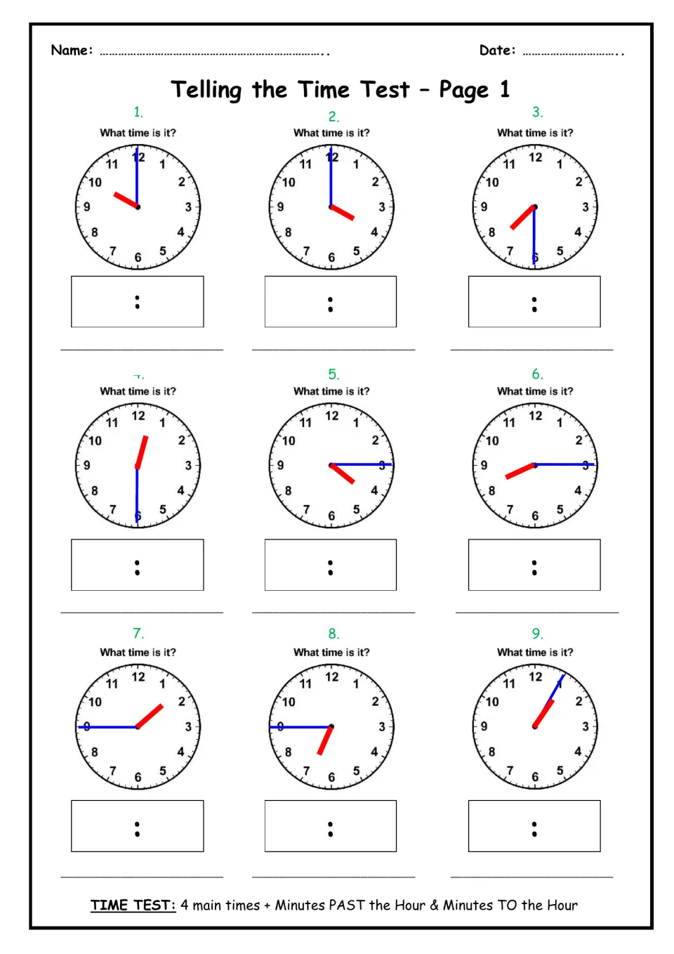 Telling the time test page 1: students read 9 analog clocks showing o'clock, half past and quarter hours and write the time