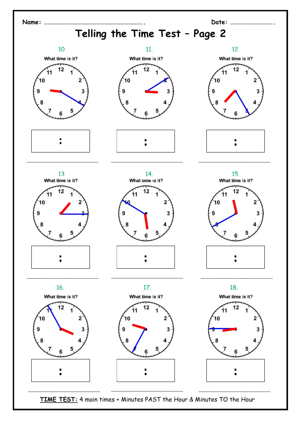 Telling the time test page 2: students read analog clocks for questions 10 to 18, with minutes past and minutes to the hour