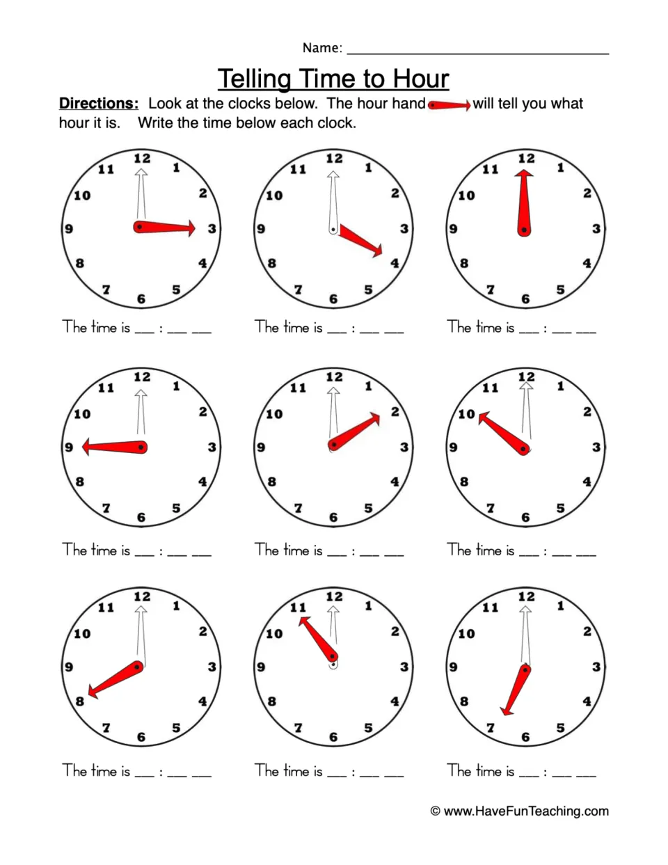 Telling time practice: nine clocks showing 3:00, 4:00, 12:00, 9:00, 2:00, 10:00, 8:00, 11:00, and 7:00.