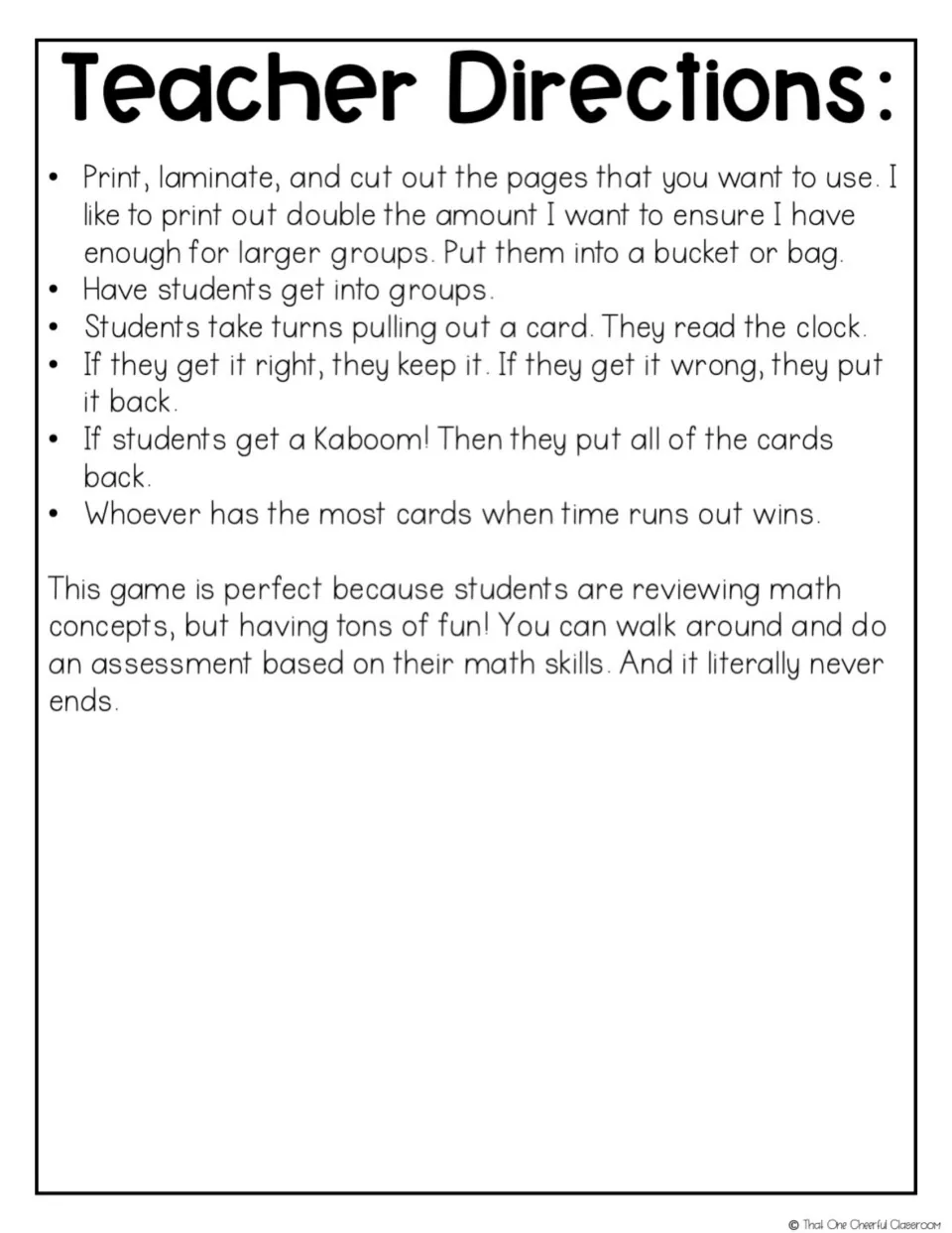 Teacher directions: groups take turns drawing clock cards, keep cards read correctly, and return all cards on a Kaboom!