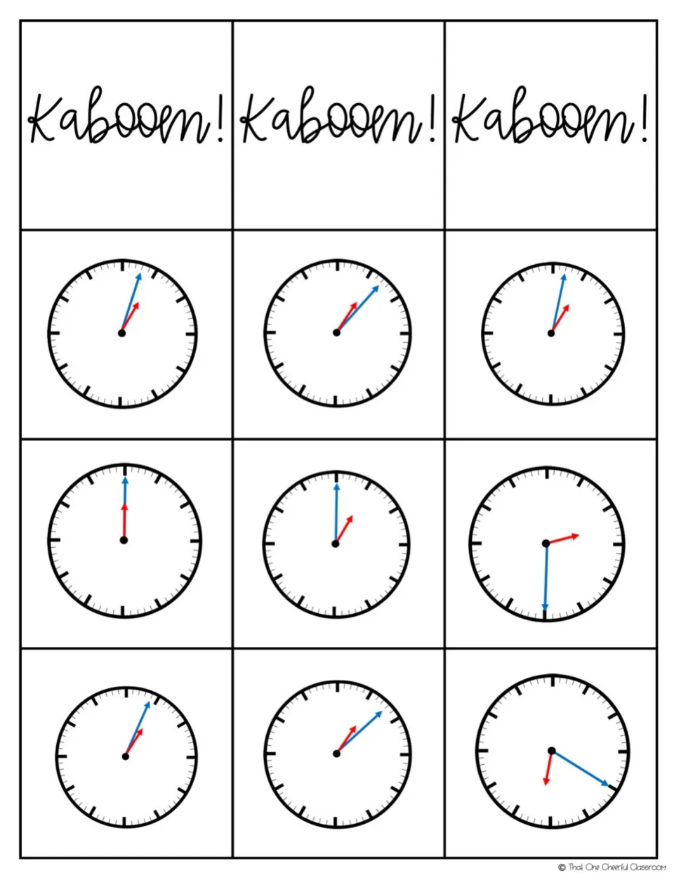 Game cards set 1: three Kaboom! cards and nine unnumbered analog clock cards for reading time to the nearest minute
