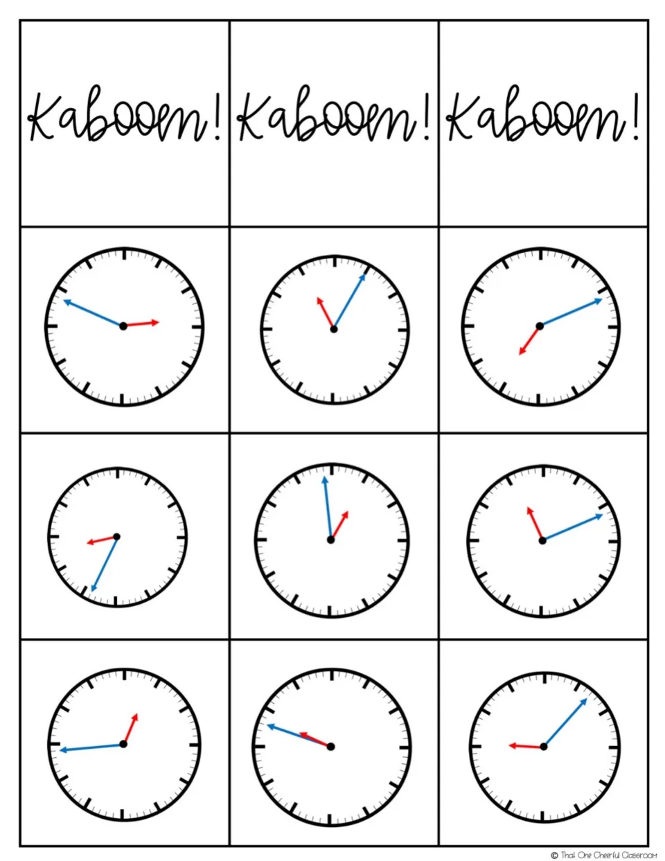 Game cards set 2: three Kaboom! cards plus nine analog clock cards with hands set to varied minutes for students to read