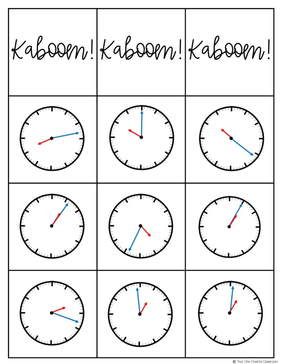 Game cards set 3: three Kaboom! cards and nine clock faces showing red hour and blue minute hands to read to the minute
