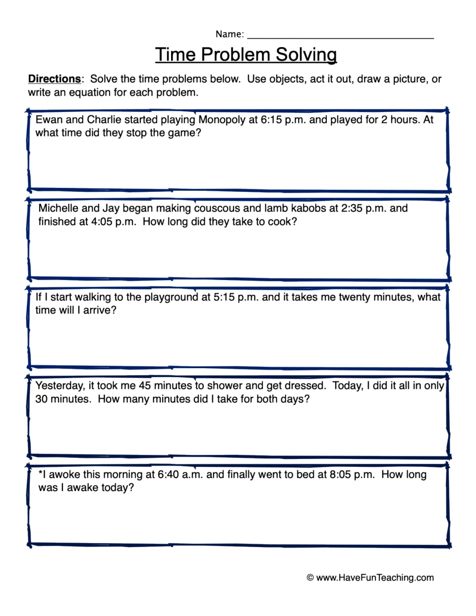 Time Problem Solving: students solve 5 elapsed-time word problems, such as finding end times and how long a task took