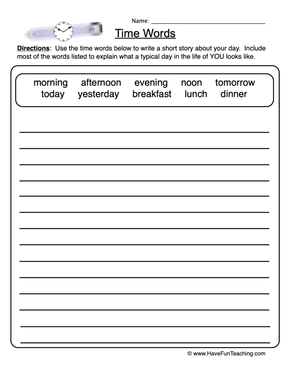 Time words writing: students use morning, noon, yesterday, tomorrow, lunch and more to write a story about their day