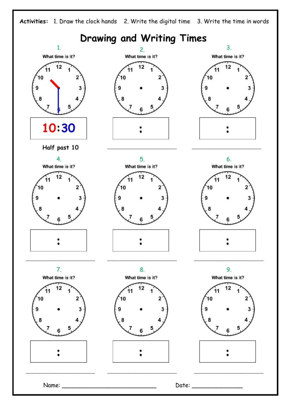 Drawing and Writing Times: students draw clock hands, then write the digital time and time in words for 9 analogue clocks
