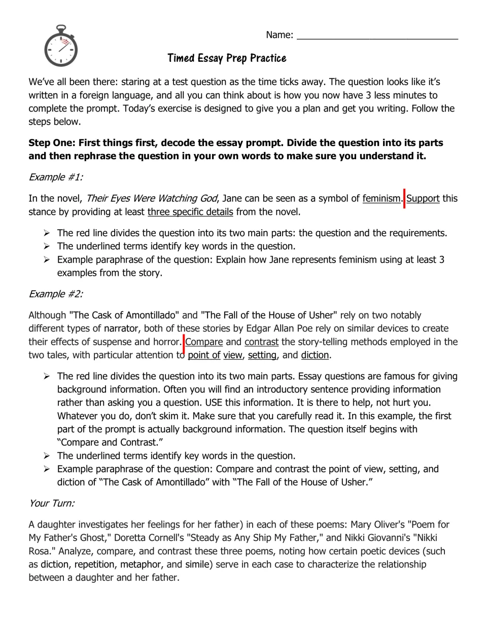 Step One, decoding an essay prompt: two modeled prompts split and underlined, then students paraphrase a poetry prompt