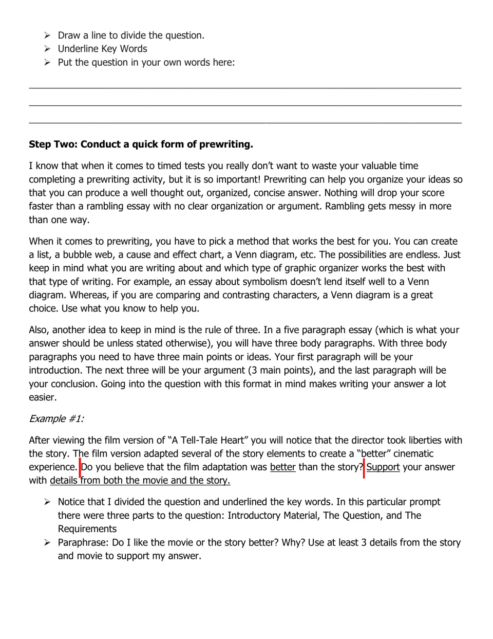 Step Two, quick prewriting: tips on choosing a graphic organizer and the rule of three, with a Tell-Tale Heart example