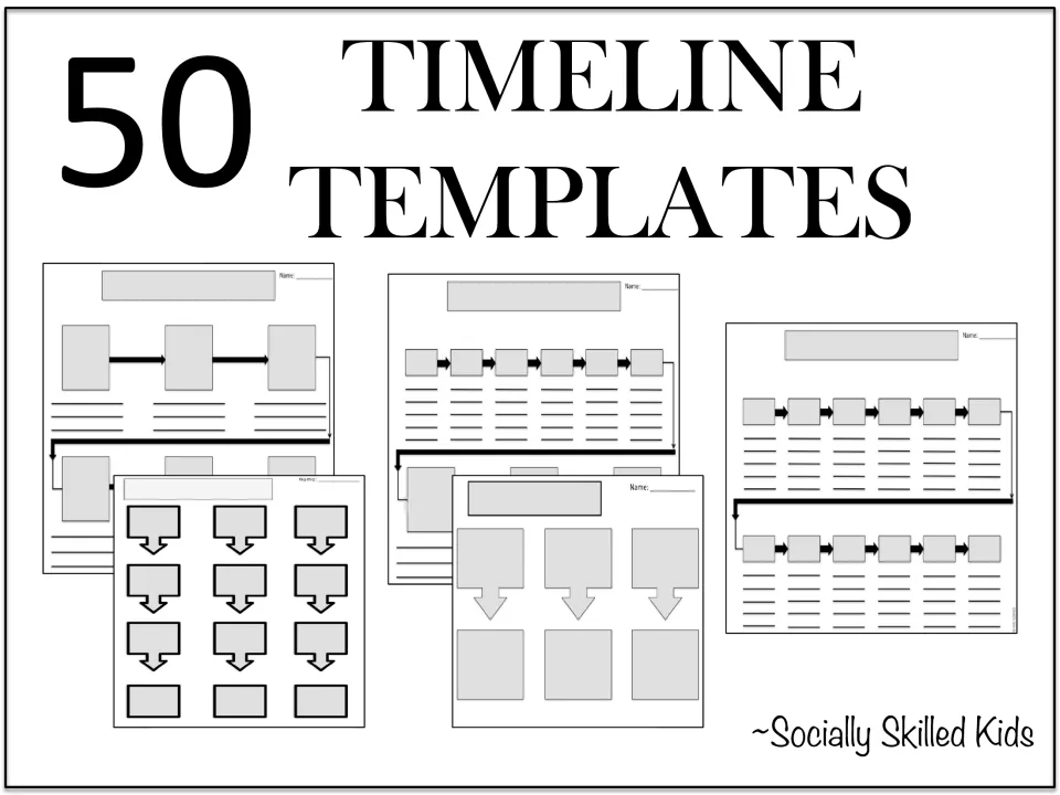 Cover for 50 Timeline Templates by Socially Skilled Kids, previewing blank sequencing organizers with arrows