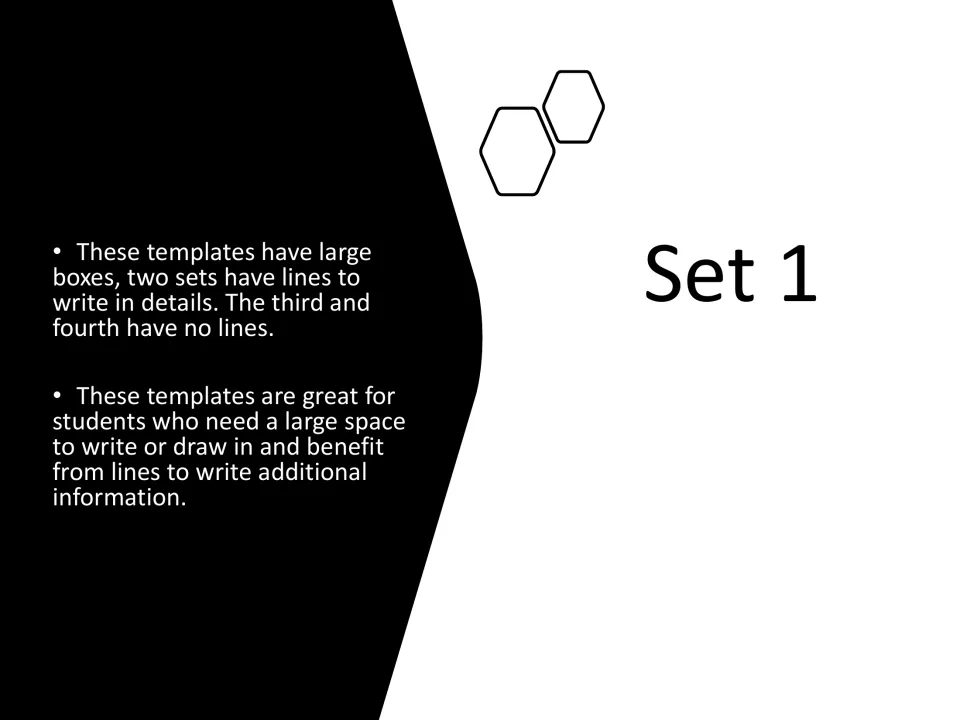 Set 1 introduction: large-box timeline templates, two with lines for details and two without, for writing or drawing