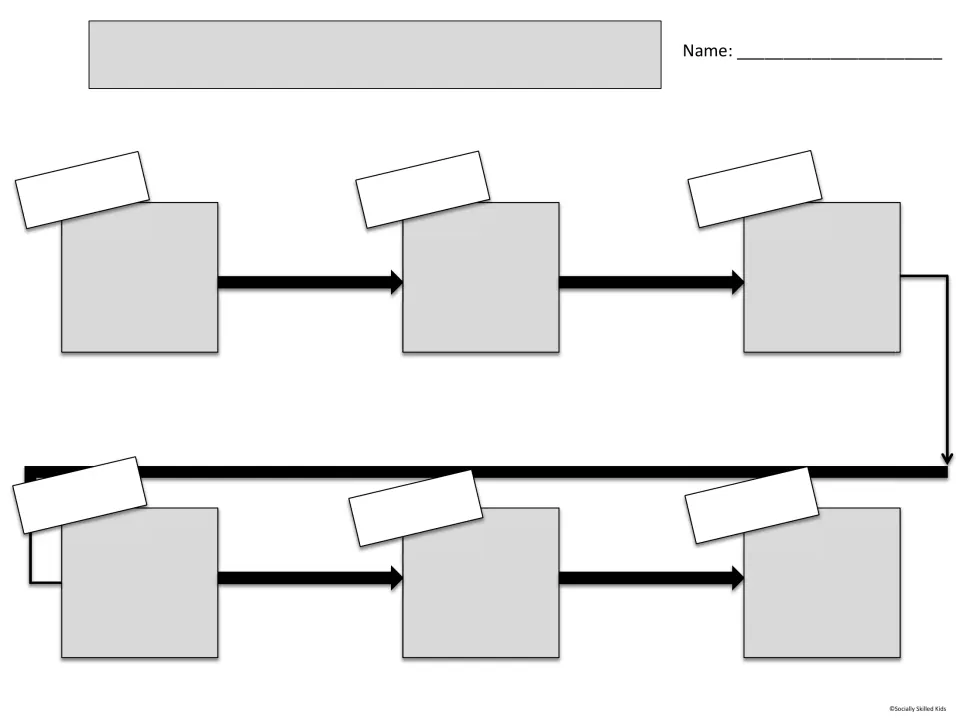 Six-event timeline with a label tab on each picture space for naming dates or steps before drawing events in order