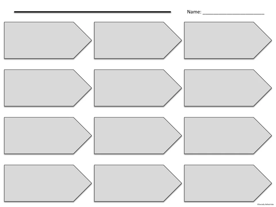 Twelve arrow-shaped event spaces for sequencing: students write a title and record events in order across four rows