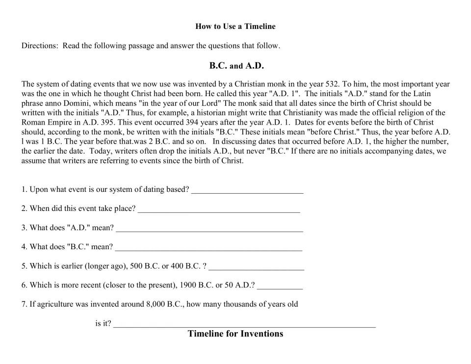 Timeline reading on B.C. and A.D. followed by seven questions about dates, meanings, and chronological order.