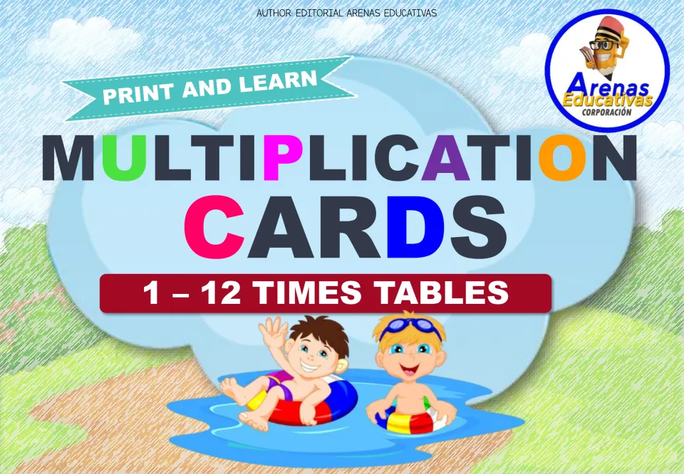 Multiplication Cards cover for the 1–12 times tables, showing two cartoon kids floating in swim rings in a pool