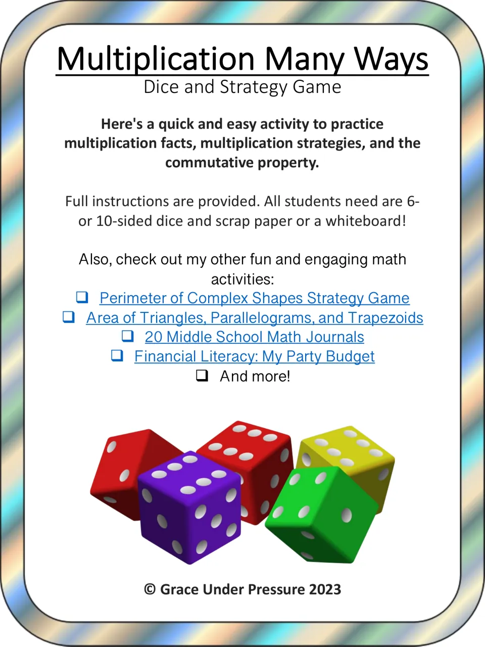 Multiplication Many Ways cover: a dice and strategy game for multiplication facts and the commutative property