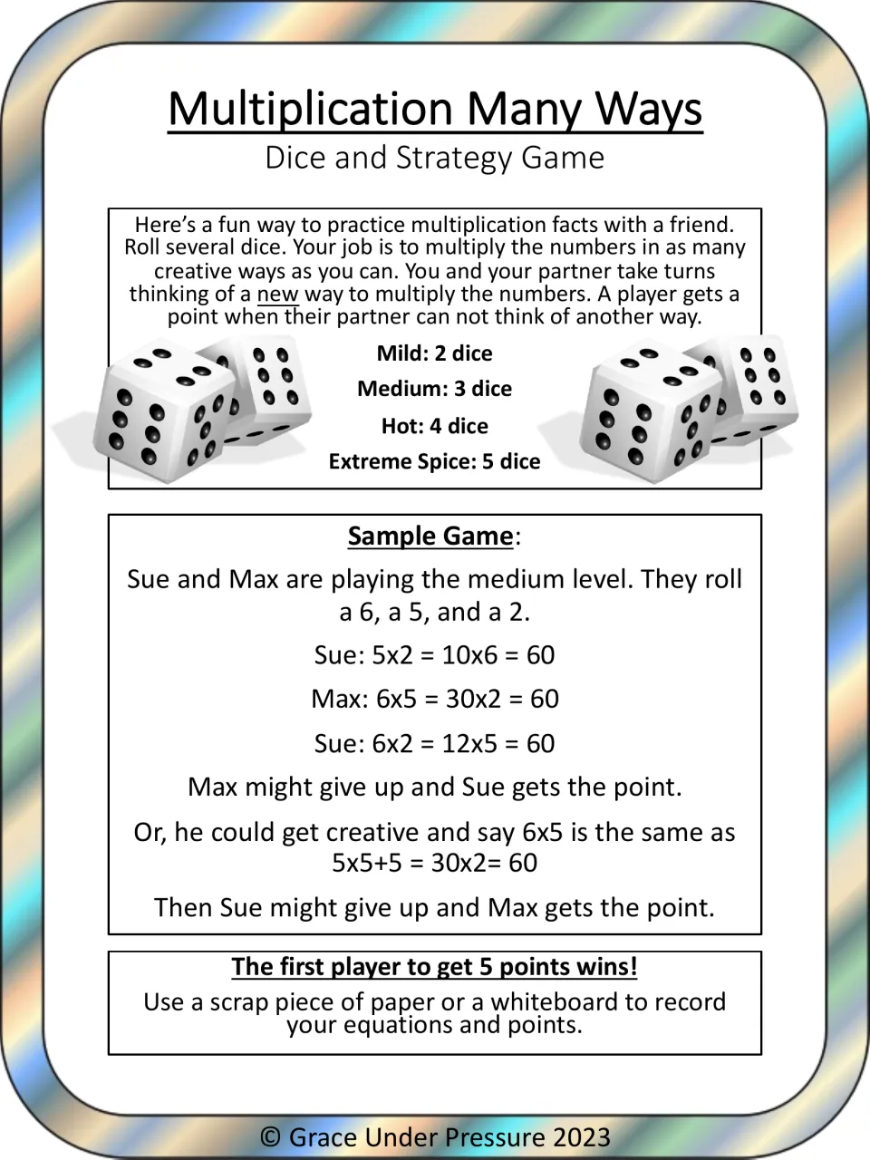 Multiplication dice game rules: partners roll 2 to 5 dice and take turns finding a new way to multiply; sample game shown