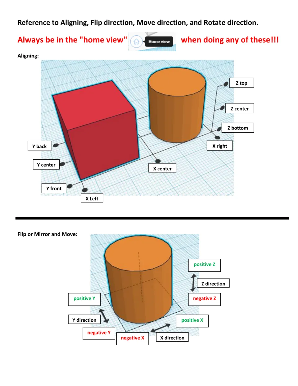 TinkerCAD align, flip and move reference: labeled X, Y and Z positions and positive/negative directions on sample shapes