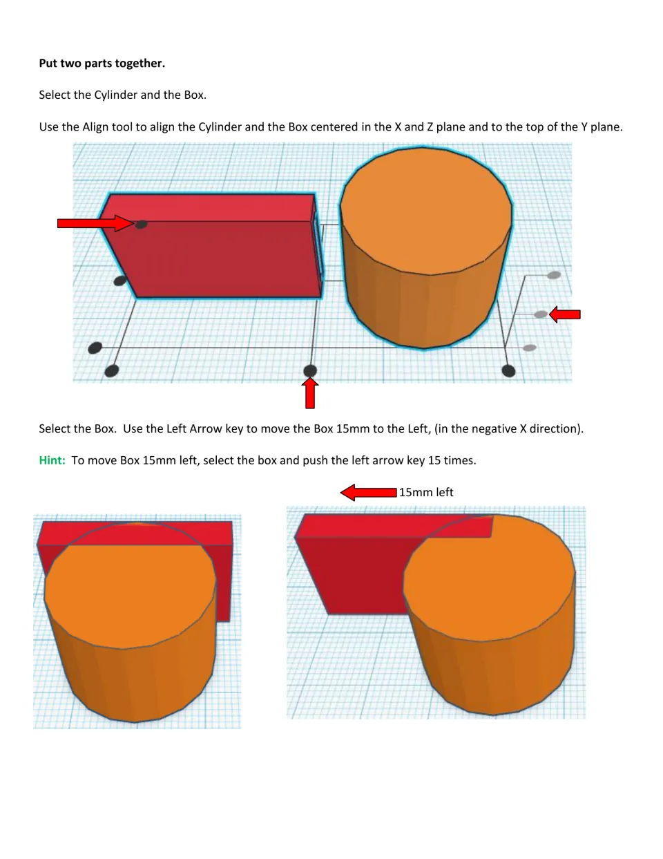 Referee whistle: students align the cylinder and box, then tap the left arrow key to shift the rectangle 15 mm